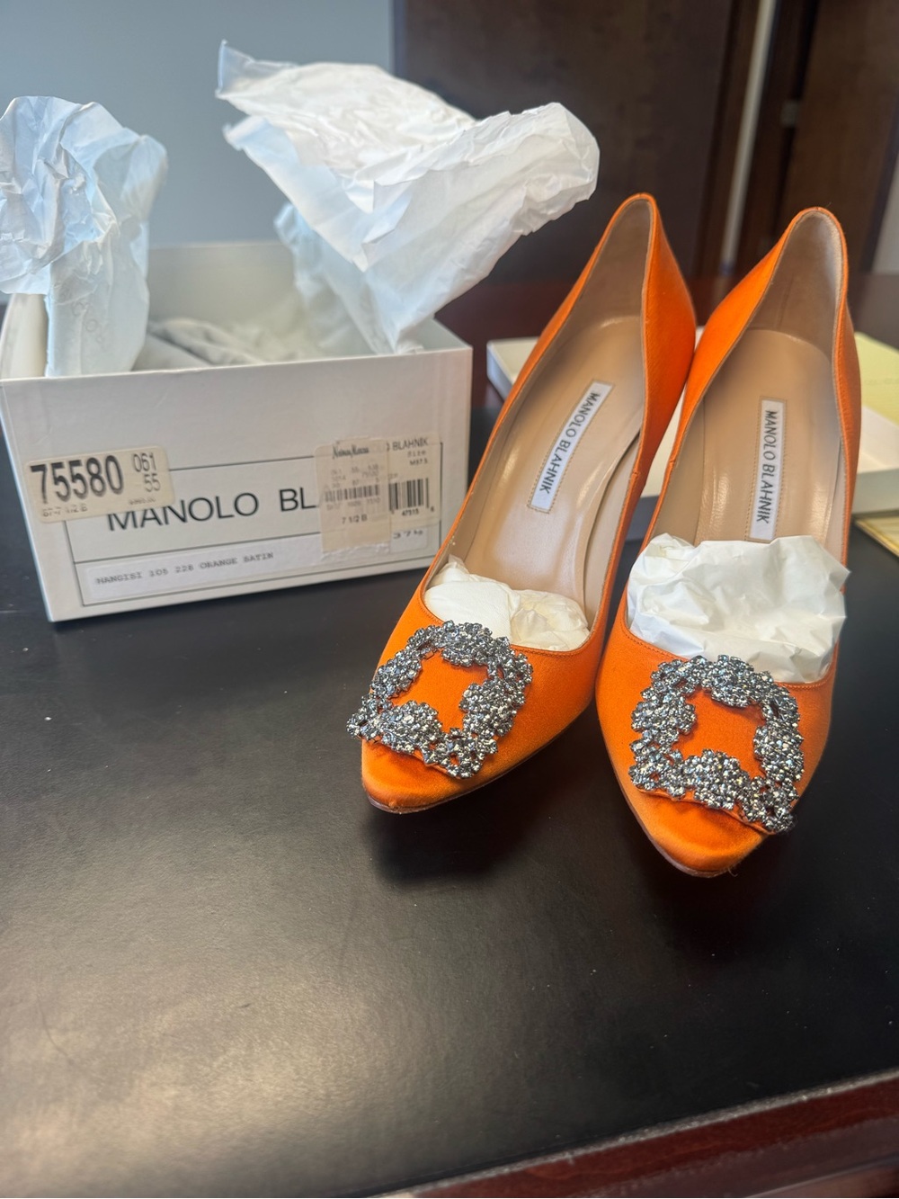 Manolo Blahnik Orange Satin Crystal-Embellished Pumps